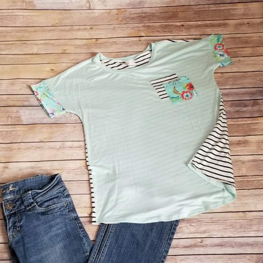 Teal and stripe top with floral pocket